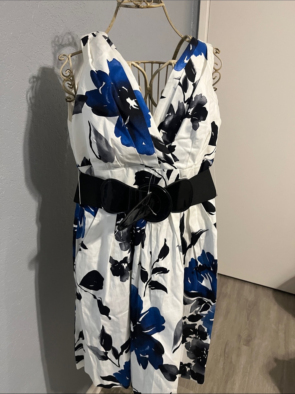 White Midi Dress with Blue & Black Floral Print and Black Belt